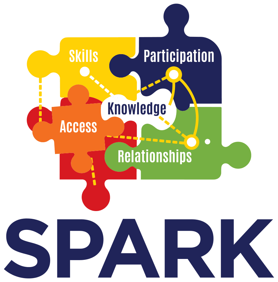 SPARK_Logo by Jose Pelaez Studio HUMBL four colorful jigsaw pieces that say participation, relationships, access, and skills around an empty space that says knowledge in capitial letters it SPARK below the log